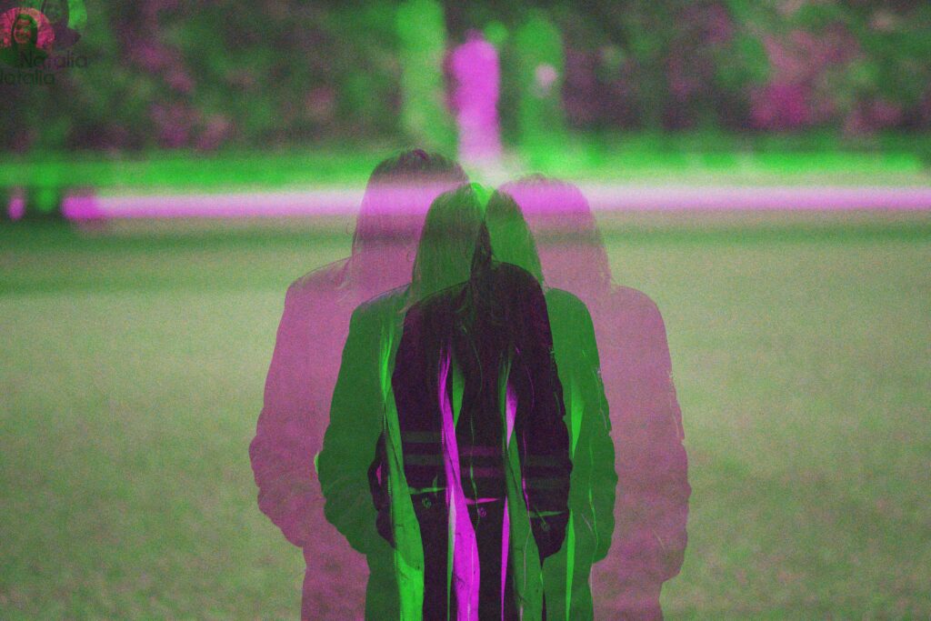 OCD Coping Skills green and purple hologram of a person in blog about OCD coping skills by erin moore centered one