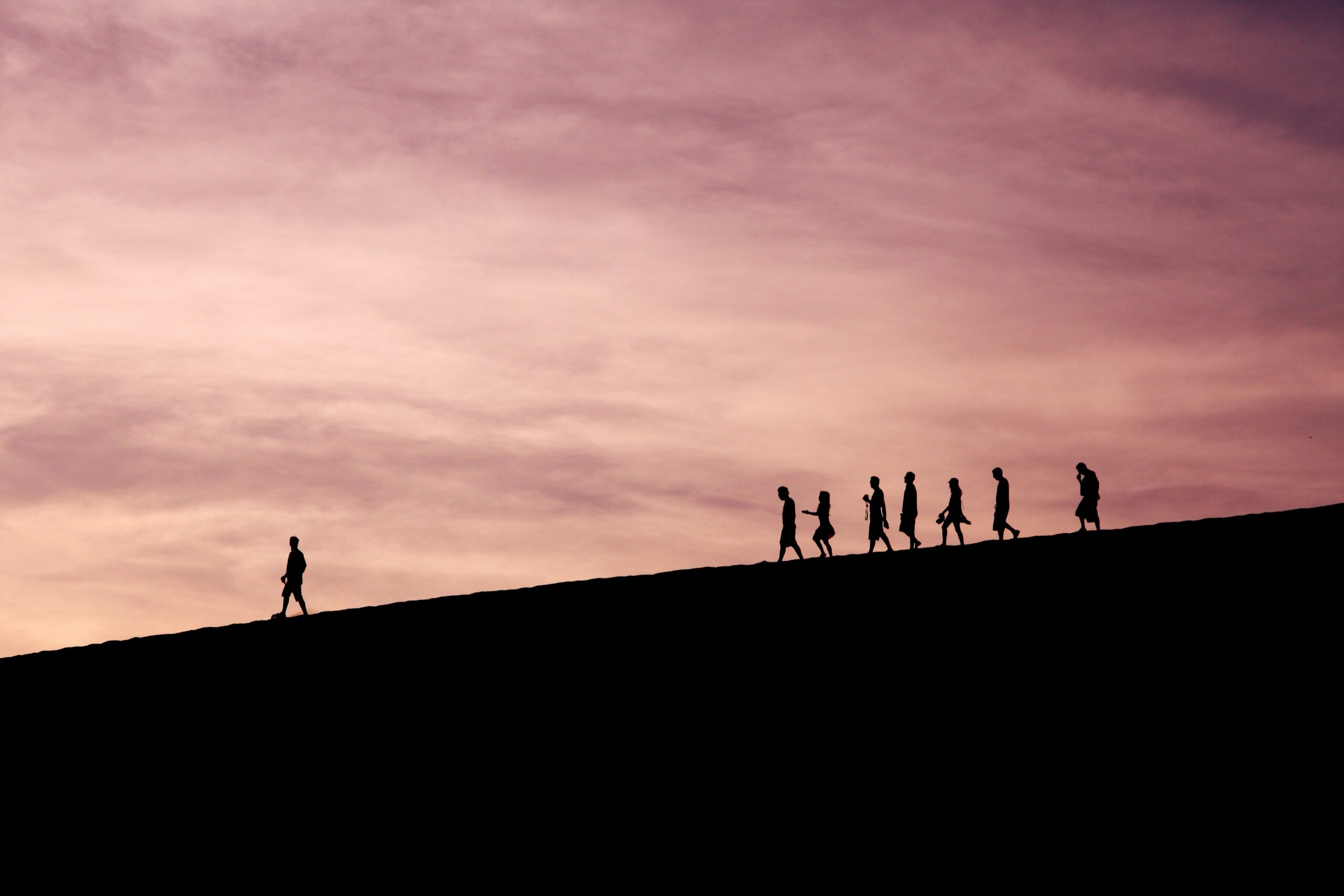 people on a hill at sunset following a leader in blog about narcissist enabler by erin moore centered one